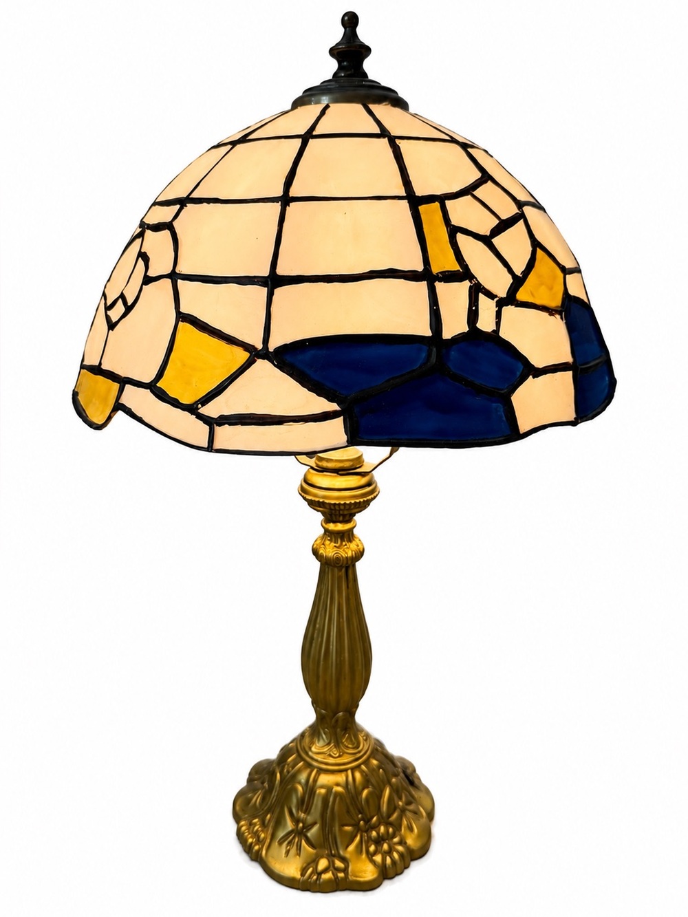 Vintage 1998 Tiffany Style Faux Stained Glass Lamp Blue & Amber Mosaic Shade 💕